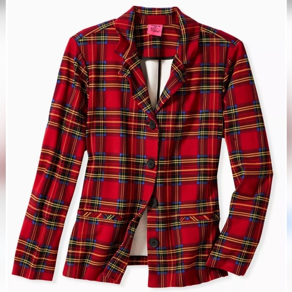 Torrid by Betsey Johnson Red Plaid Premium Ponte Blazer, Size 00 M|10 - Picture 1 of 6